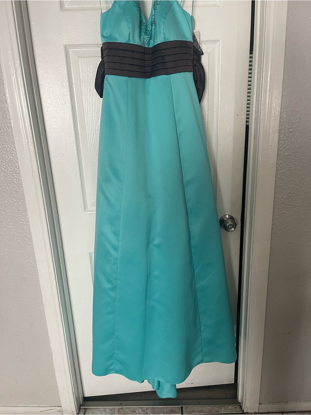 City Triangles Turquoise A-Line Gown with Black Waistband